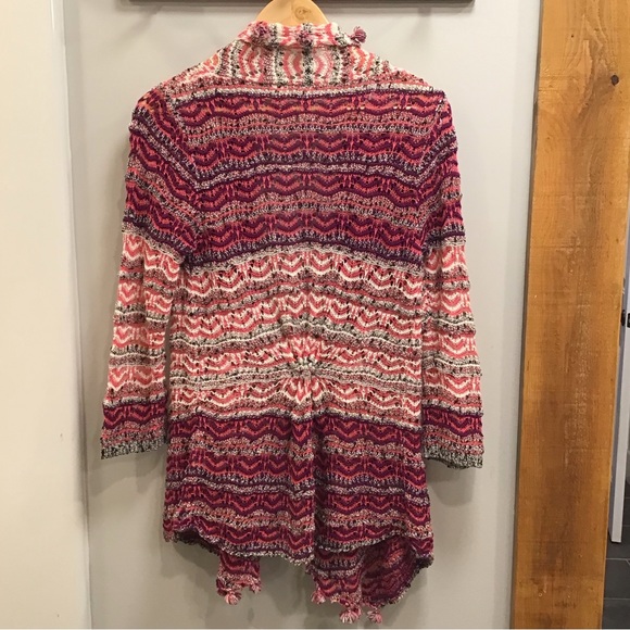 Moth Womens Crochet Cardigan Open Front Sweater Size M Fringe Stripes Poms Boho - Picture 9 of 15